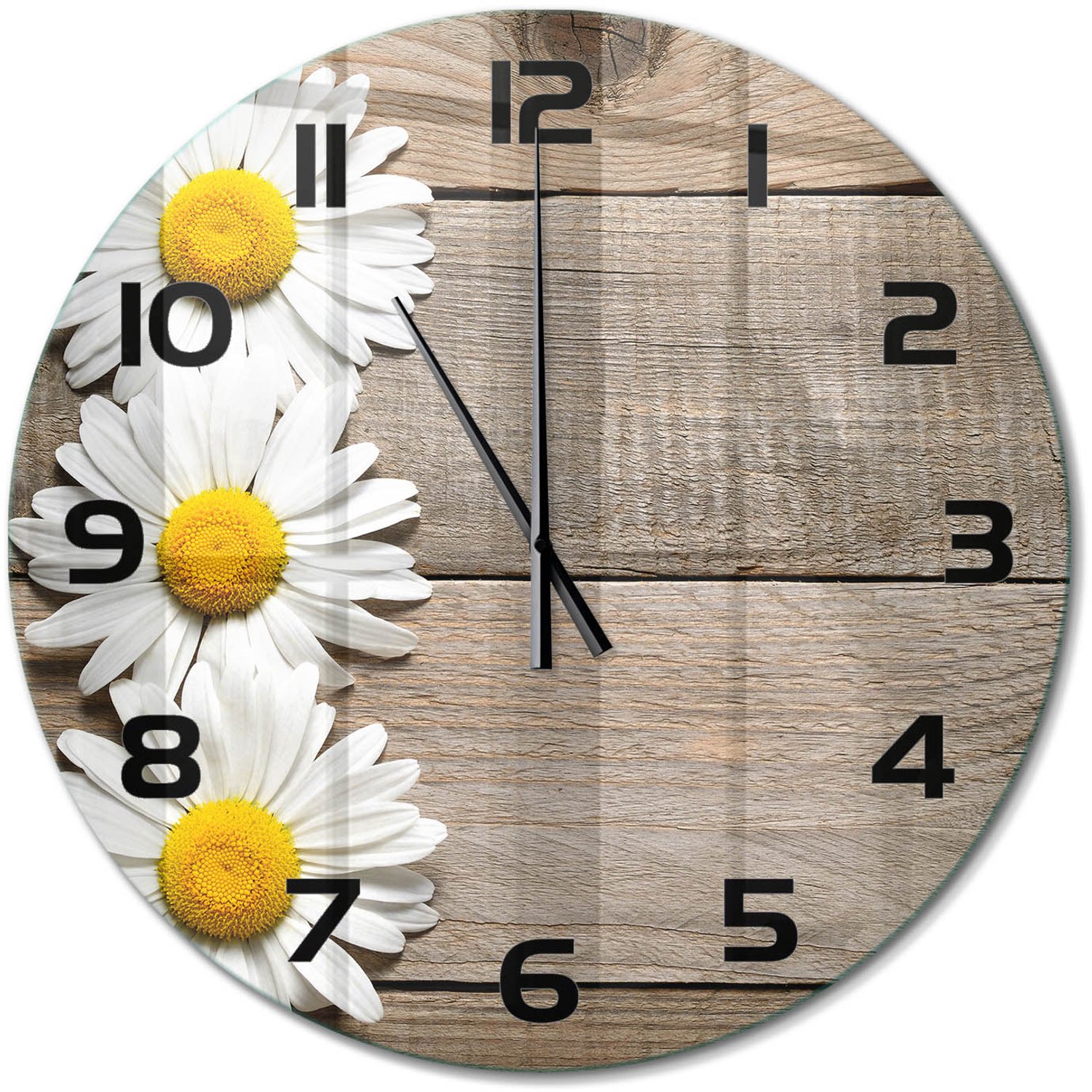 TULUP Wandklok - Madeliefjeshout Wandklok Glas Met Motief - fi60 cm - Bruin Decoratieve Glazen Klok - Zwarte handen - Ronde Klok - Gekleurde Glazen Klok - Glazen Klok Met Print