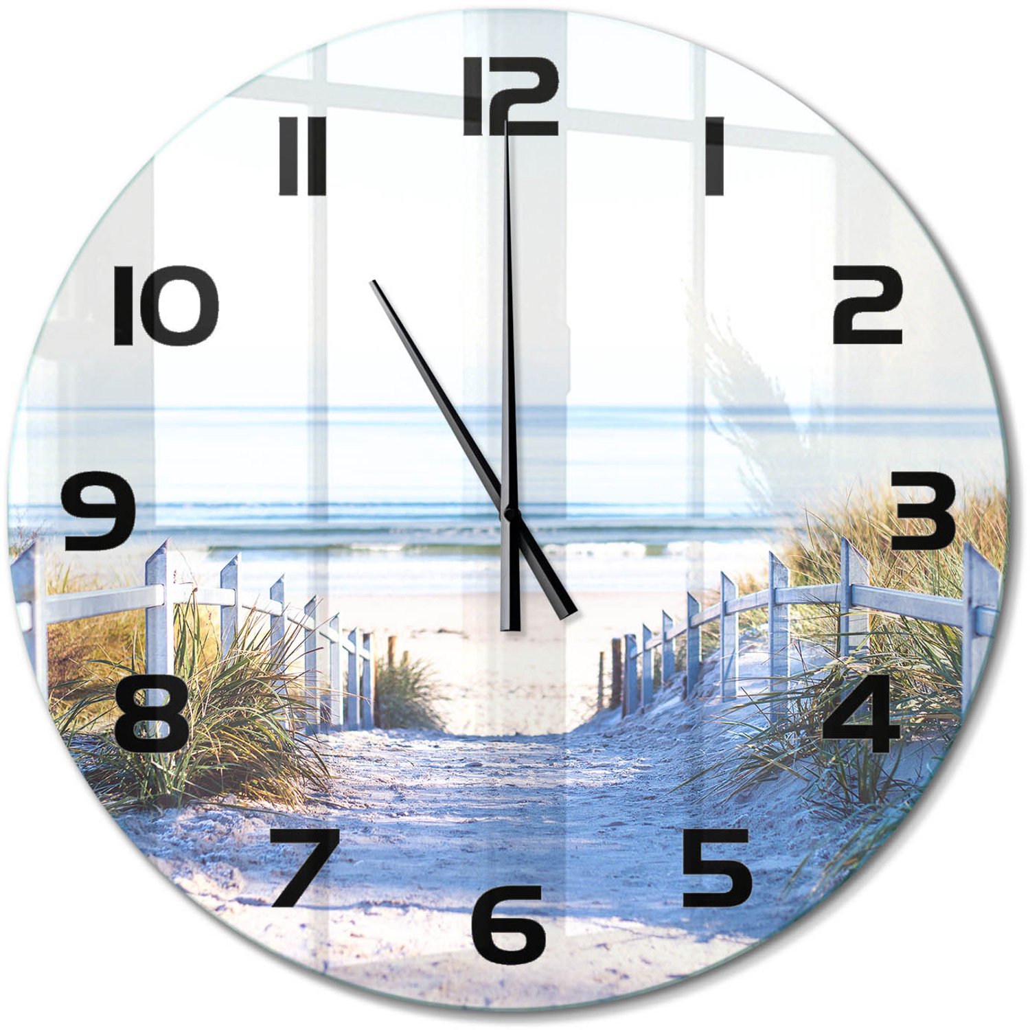 TULUP Wandklok - Kustduinen Decoratieve Glazen Klok - fi60 cm - Beige Glazen Wandklok Design - Zwarte handen - Ronde Klok - Glazen Klok Met Print - Wandklok Glas Met Motief