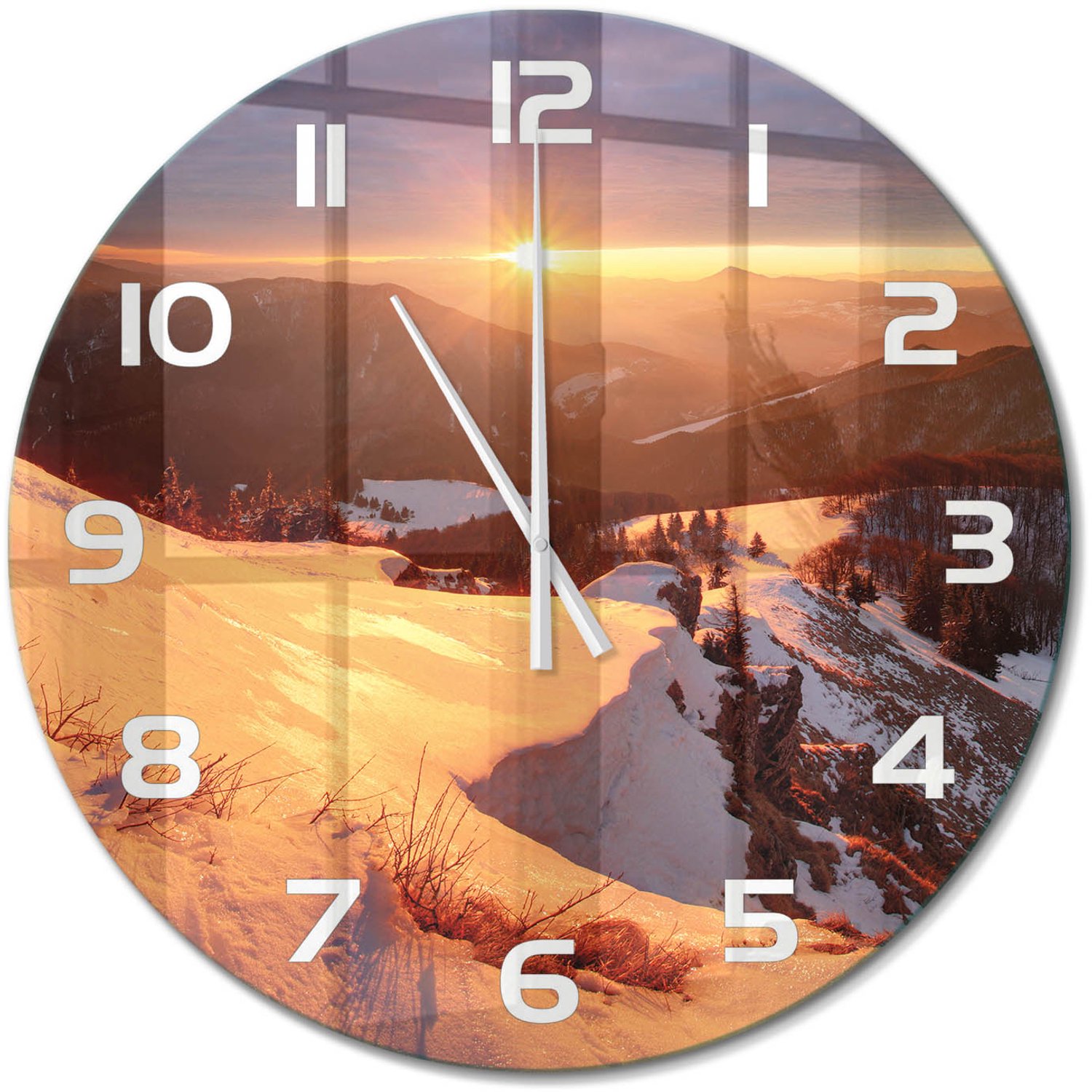 TULUP Wandklok - Winter in de bergen Gekleurde Glazen Klok - fi60 cm - Wit Glazen Klok Met Print - Witte handen - Ronde Klok - Moderne Wandklok Glas - Wandklok Glas Decoratie