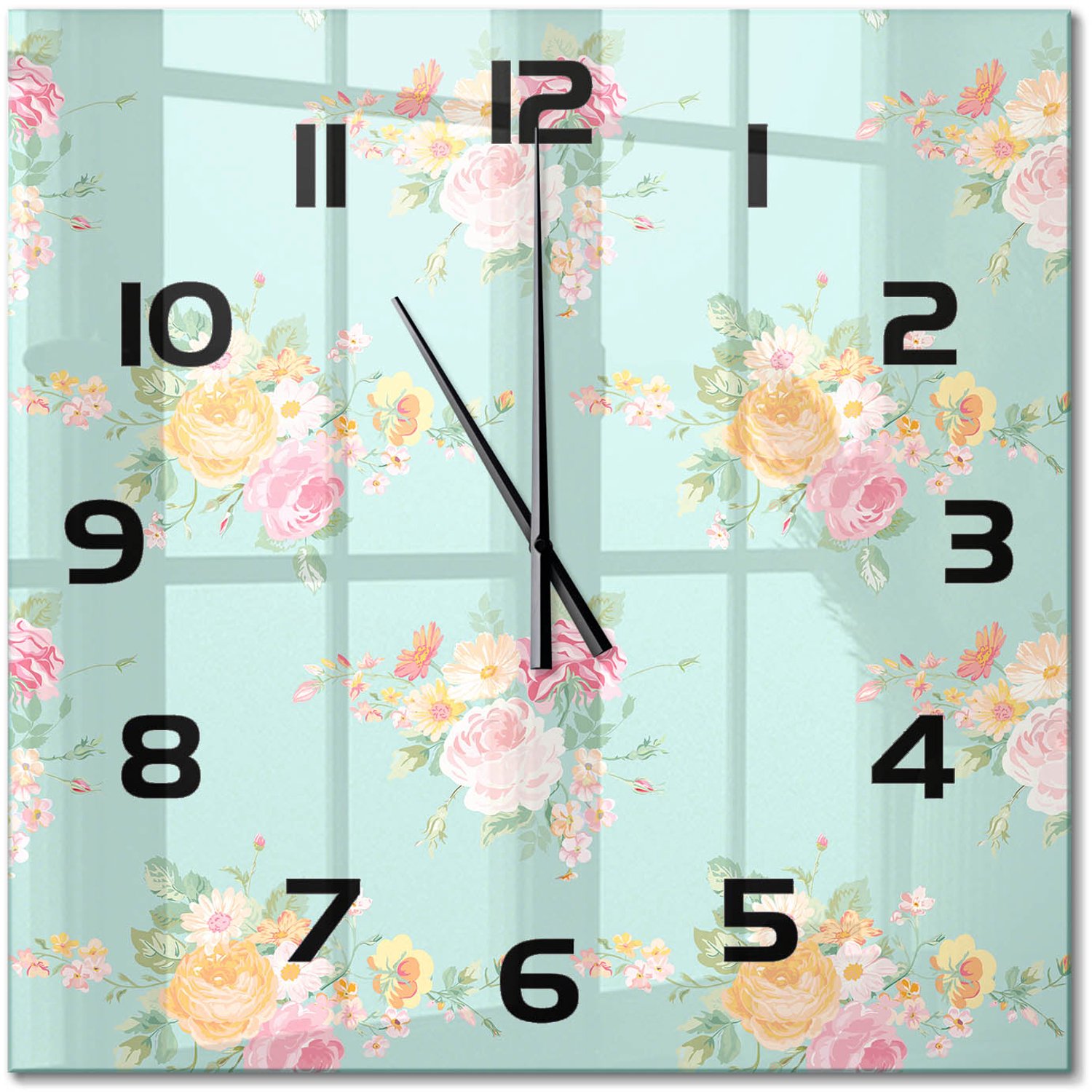 TULUP Wandklok - Bloemenpatroon Wandklok Glas Met Motief - 60x60 cm - Veelkleurig Decoratieve Glazen Klok - Zwarte handen - Vierkante Klok - Gekleurde Glazen Klok - Glazen Klok Met Print