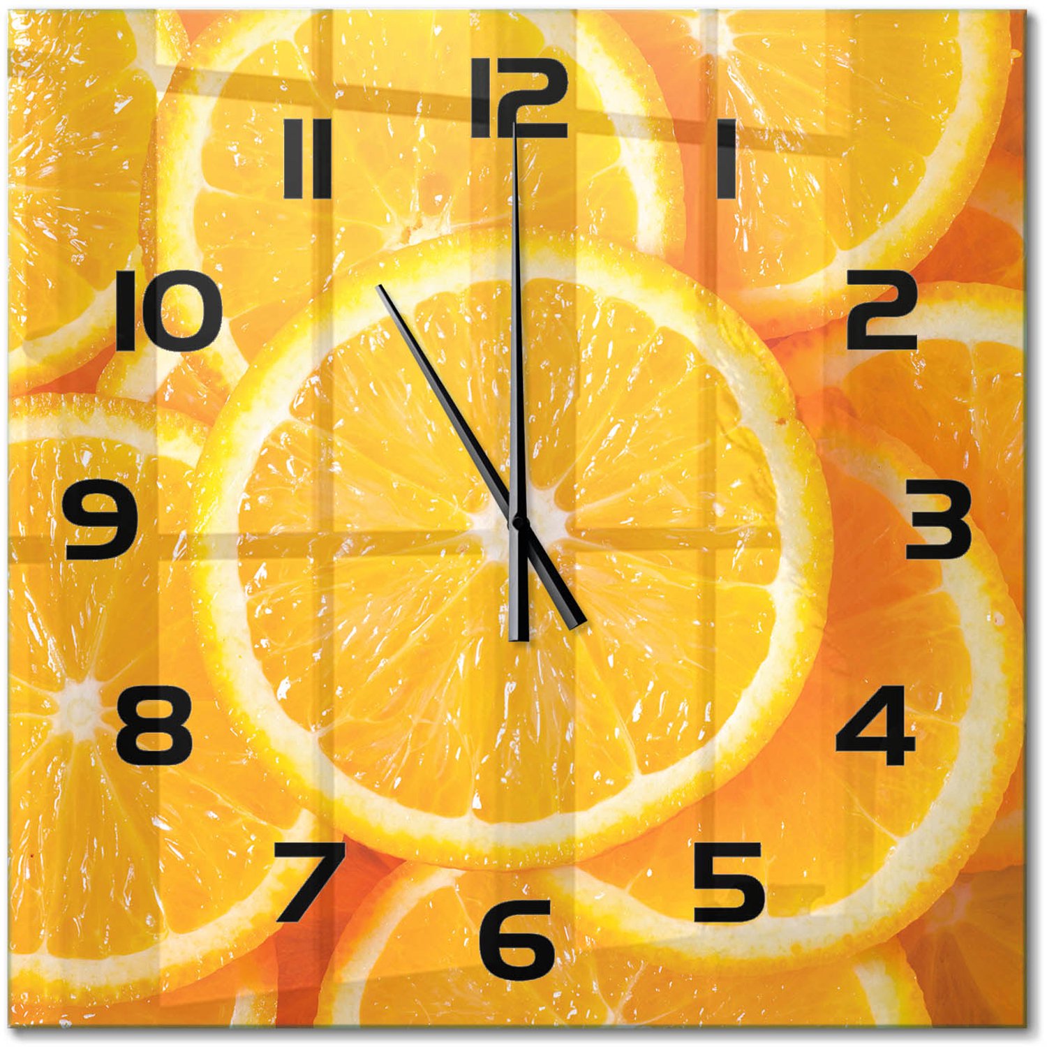 TULUP Wandklok - Sinaasappelschijfjes Glazen Wandklok Design - 60x60 cm - Oranje Klok Glas Met Opdruk - Zwarte handen - Vierkante Klok - Wandklok Glas Met Motief - Decoratieve Glazen Klok