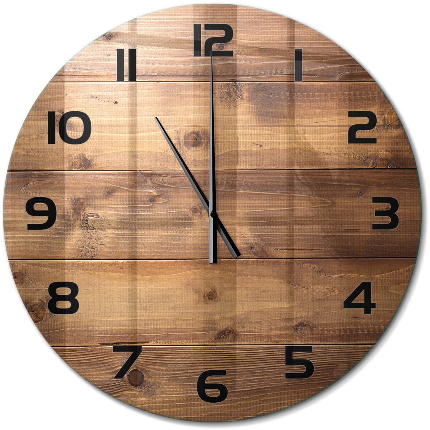TULUP Wandklok - Houten achtergrond Glazen Wandklok Design - fi60 cm - Bruin Klok Glas Met Opdruk - Zwarte handen - Ronde Klok - Wandklok Glas Met Motief - Decoratieve Glazen Klok