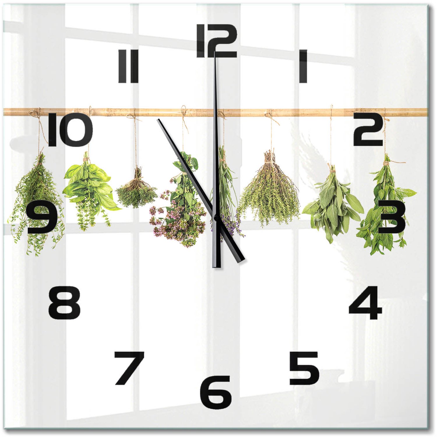 TULUP Wandklok - Kruiden aan een touwtje Glazen Wandklok Design - 60x60 cm - Groente Klok Glas Met Opdruk - Zwarte handen - Vierkante Klok - Wandklok Glas Met Motief - Decoratieve Glazen Klok
