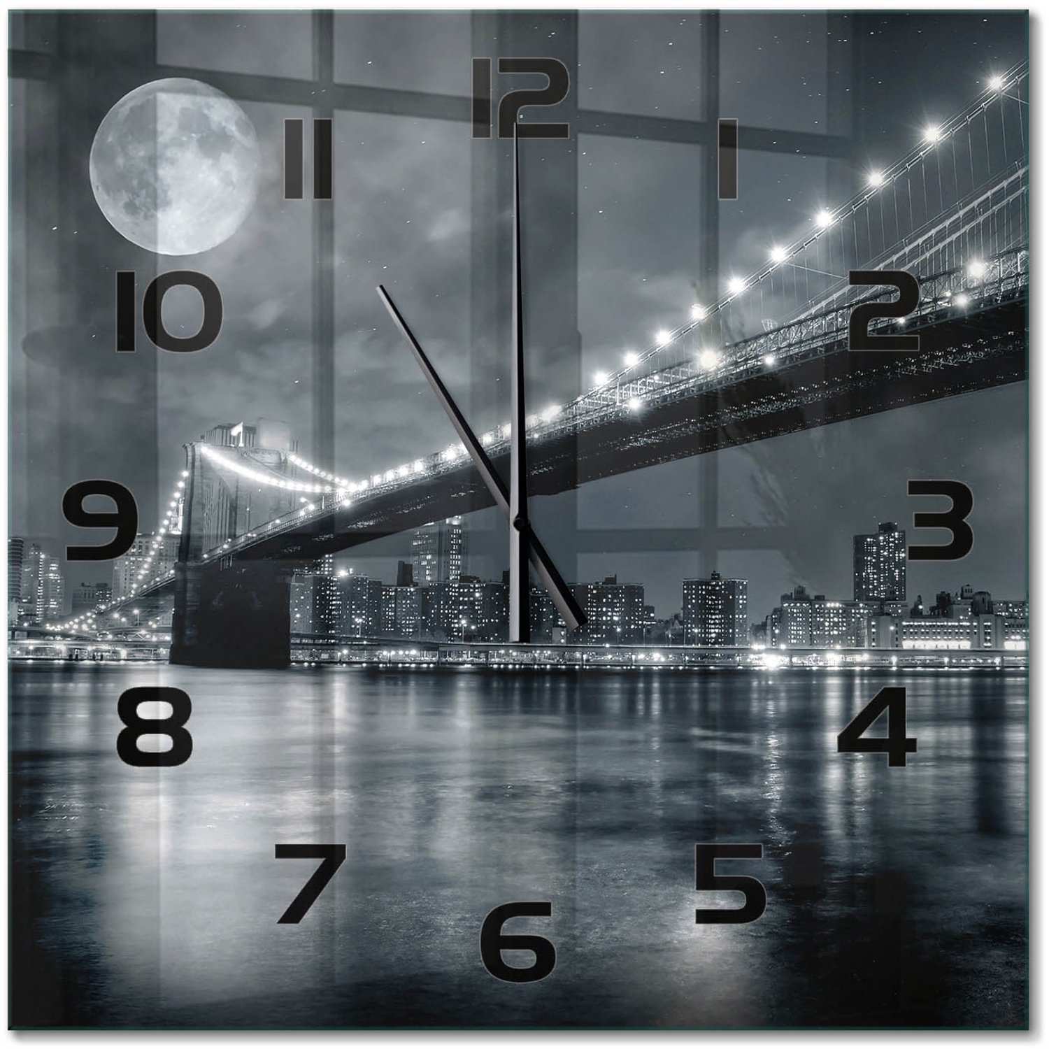 TULUP Wandklok - Brooklynbrug Decoratieve Glazen Klok - 60x60 cm - Zwart-wit Glazen Wandklok Design - Zwarte handen - Vierkante Klok - Glazen Klok Met Print - Wandklok Glas Met Motief