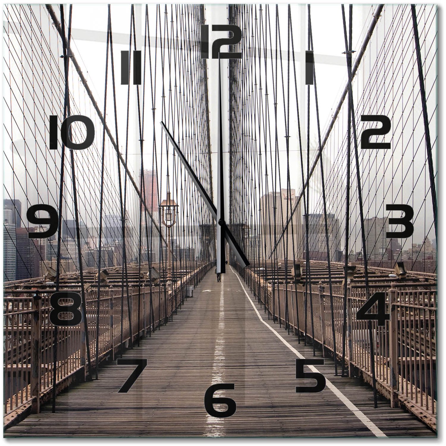 TULUP Wandklok - Brooklynbrug Wandklok Glas Met Motief - 60x60 cm - Bruin Decoratieve Glazen Klok - Zwarte handen - Vierkante Klok - Gekleurde Glazen Klok - Glazen Klok Met Print