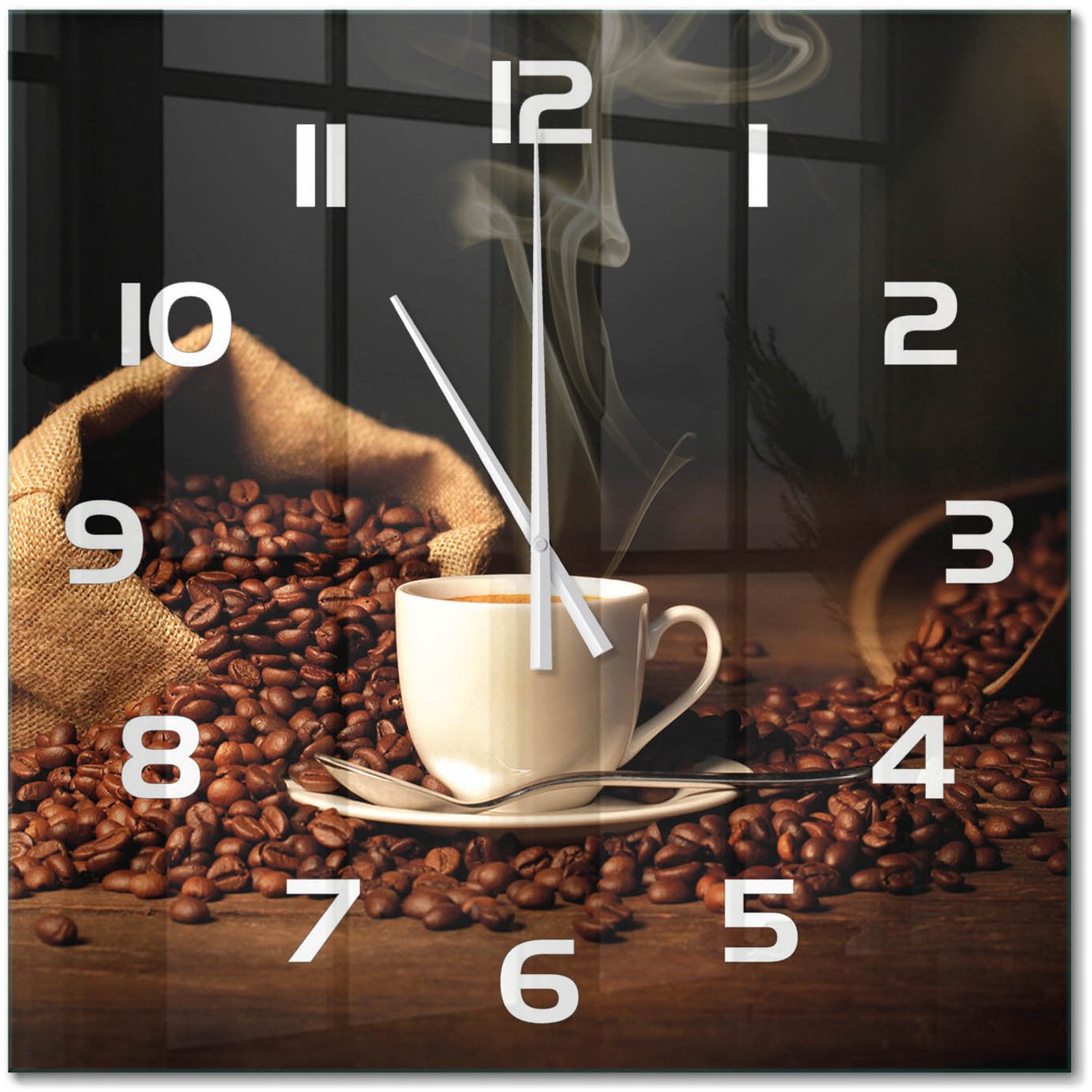 TULUP Wandklok - Koffie in een kopje Wandklok Glas Met Motief - 60x60 cm - Bruin Decoratieve Glazen Klok - Witte handen - Vierkante Klok - Gekleurde Glazen Klok - Glazen Klok Met Print
