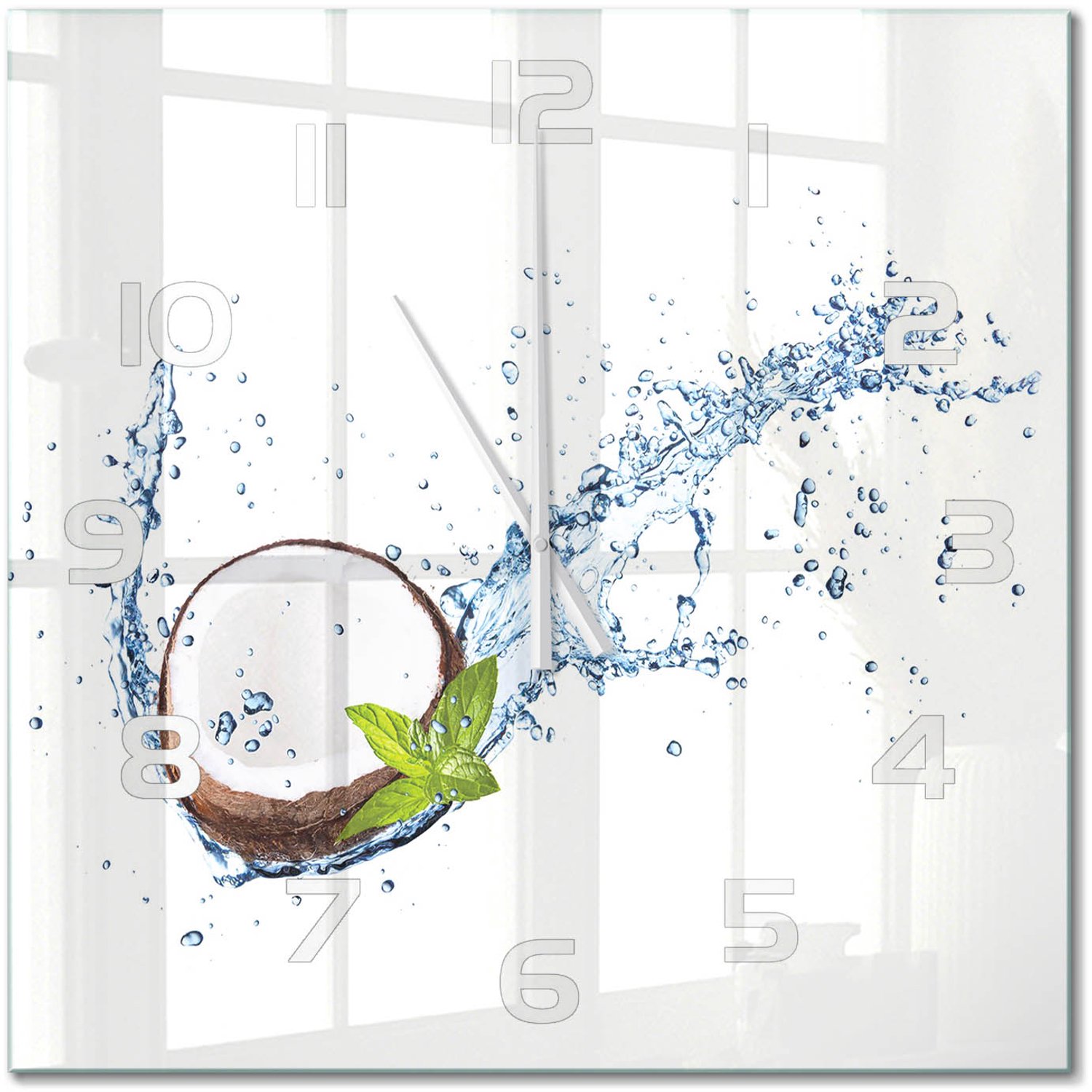 TULUP Wandklok - Kokosnoot en water Wandklok Glas Met Motief - 60x60 cm - Bruin Decoratieve Glazen Klok - Witte handen - Vierkante Klok - Gekleurde Glazen Klok - Glazen Klok Met Print