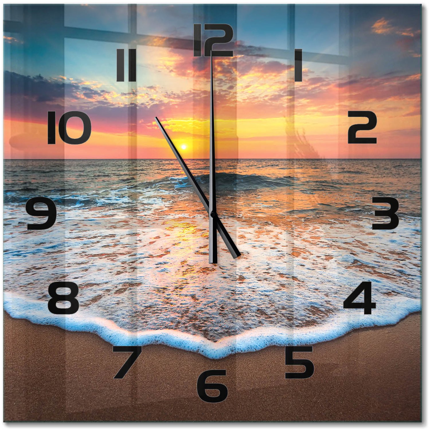 TULUP Wandklok - Zonsondergang op zee Gekleurde Glazen Klok - 60x60 cm - Oranje Glazen Klok Met Print - Zwarte handen - Vierkante Klok - Moderne Wandklok Glas - Wandklok Glas Decoratie