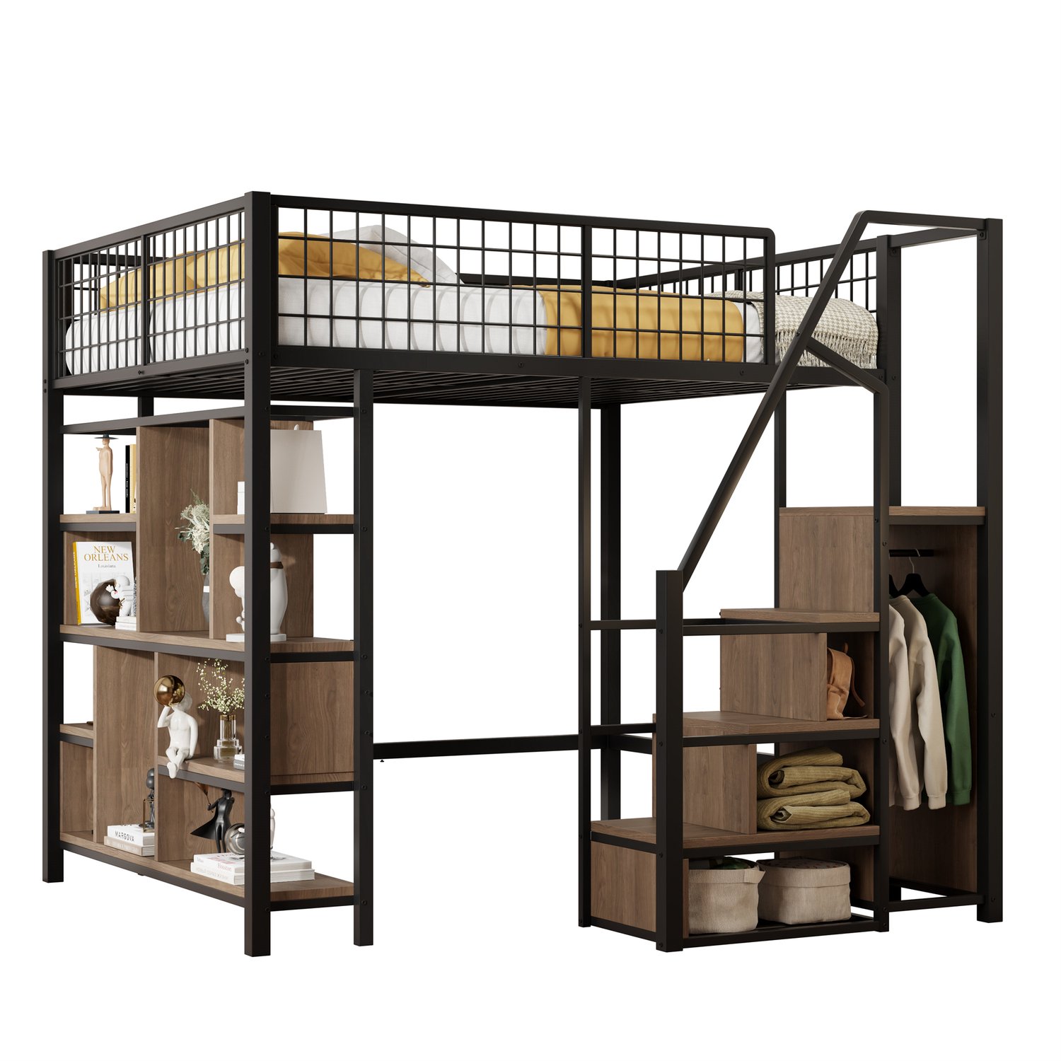 MUVANO Hoogslaper 140 x 200 cm - Hoog bed met opbergtreden en kast - Metaal en hout - Met legplanken - Voor volwassenen en compacte slaapkamers - Zwart