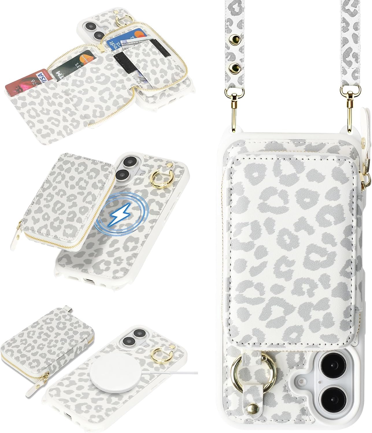 Hulpje voor iPhone 17 met band, wit luipaardprint