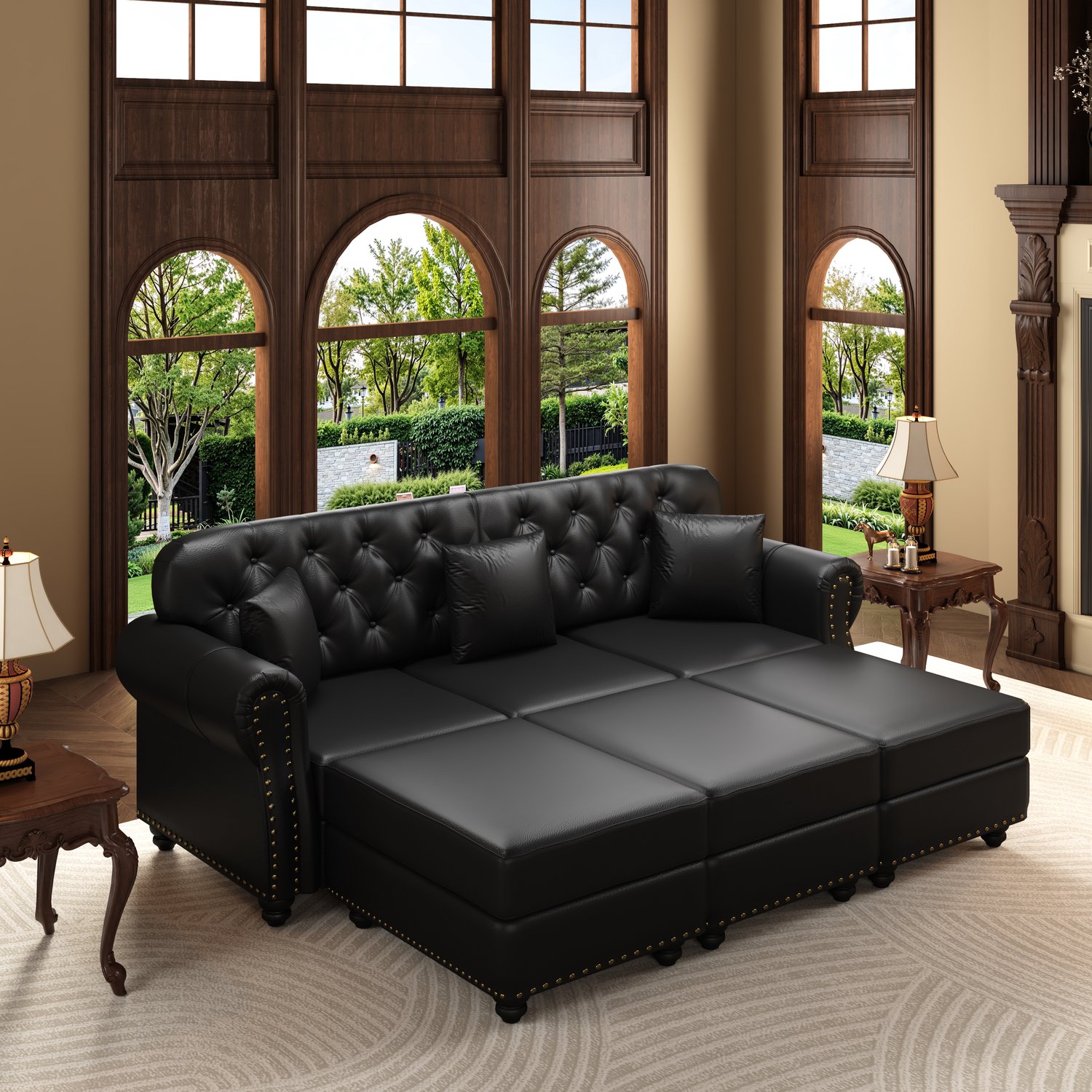VVBV Chesterfield 3-Zitsbank met 3 Poefs - 210 cm - Zwart Kunstleer - Pocketvering - Gecapitonneerd met Klinknagels