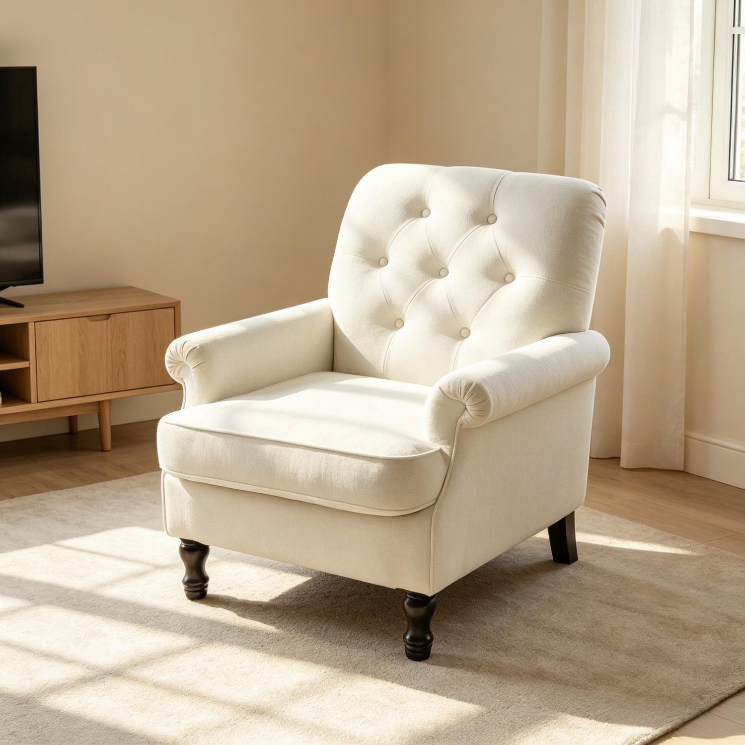 MODFU 1-Zits Fauteuil - Gecapitonneerd - Armleuningen - Houten Poten - Crème