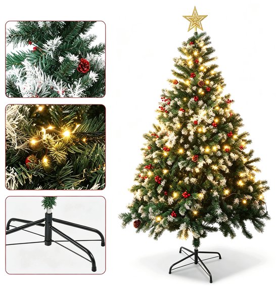 Verlichte besneeuwde kunstkerstboom met dennenappels, rode bessen, metalen voet en close-ups van details.