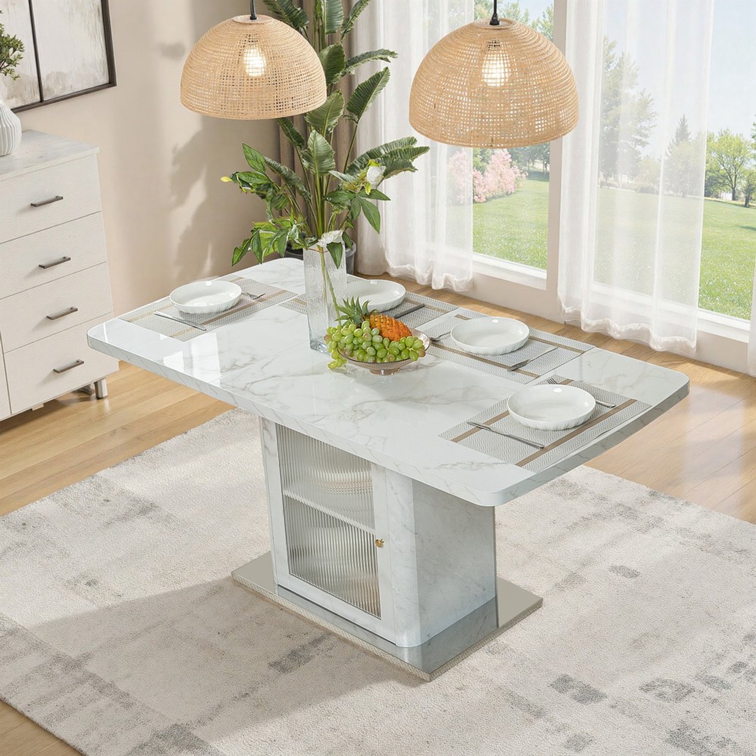 Pugsdrly 120 cm – 160 cm moderne rechthoekige eettafel, uitschuifbaar, met bedrukt wit marmeren tafelblad + opbergkast, tafelpoten met metalen voet