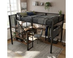 WUVRIE - Hoogslaper 140x200 cm - L-vormig bureau, trap en laadpunt - Zwart/vintage