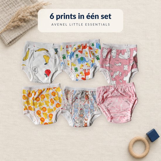 Overzicht van 6 verschillende prints in één set Avenel oefenbroekjes.