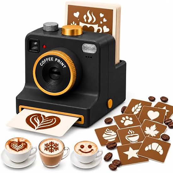 Zwarte 'Coffee Print' camera-sjabloonmaker met verwisselbare koffiestencils en kopjes latte art.