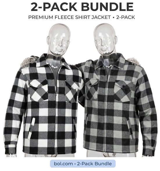 Twee etalagepoppen dragen houthakkersvesten met rits in zwart-wit en zwart-grijs ruitpatroon. 2-pack bundel.