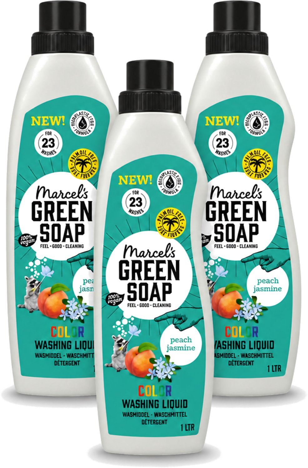 3 x Marcel's Green Soap - Vloeibaar Wasmiddel - Kleur - Perzik & Jasmijn - Effectief & natuurlijk - 23 Wasbeurten - 1 liter - Voordeelverpakking - 3 stuks