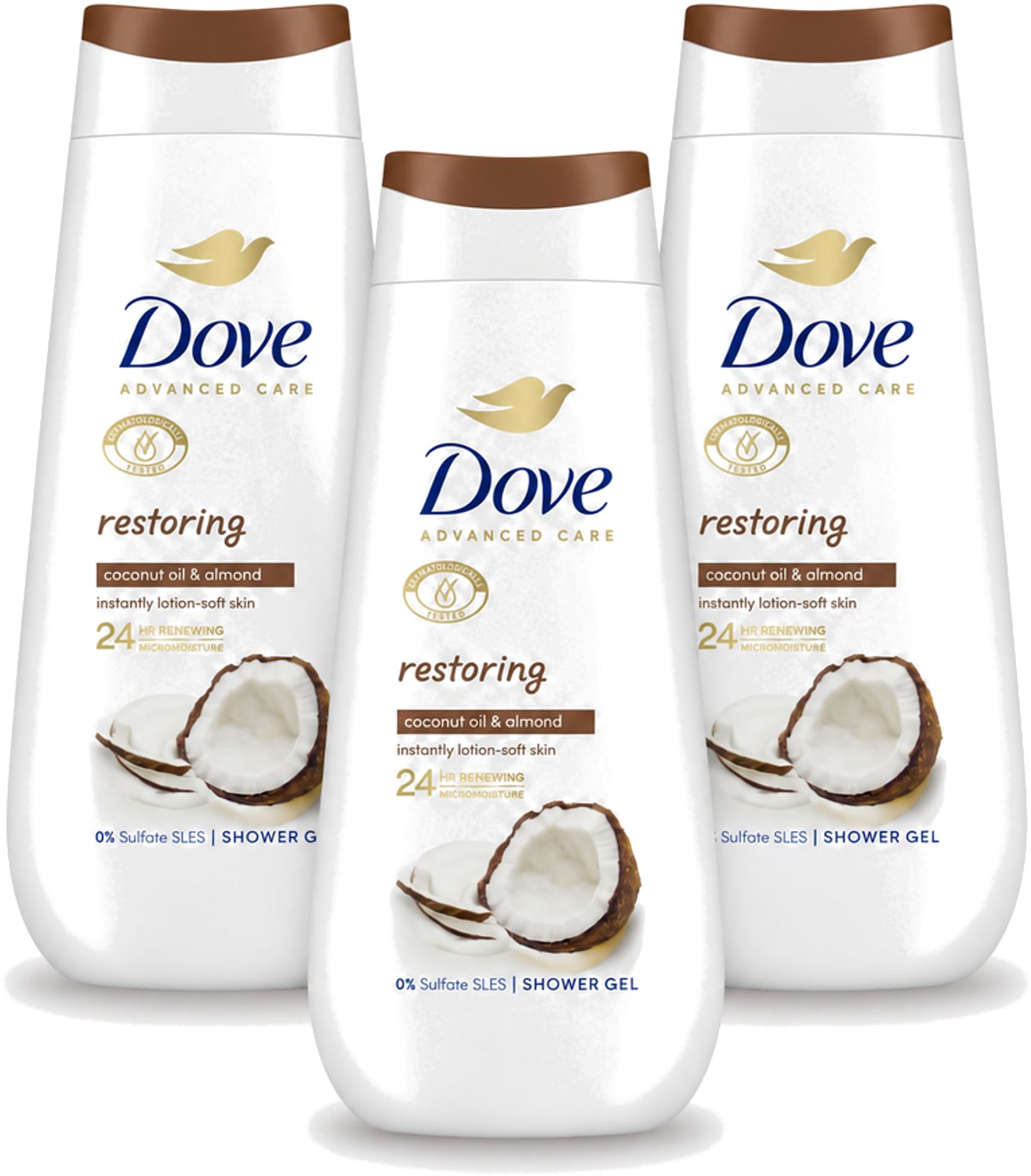 3 x Dove Douchecrème - Restoring - Kokos & Amandel - 225 ml - Voordeelverpakking - 3 stuks
