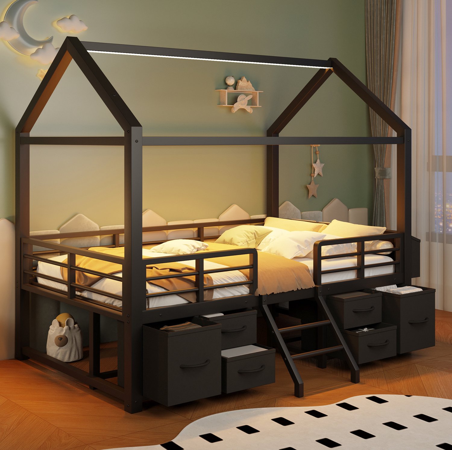 STILVORA Hoogslaper 90 x 200 cm – Huisvormig Dak Met Ledverlichting – Stoffen Opberglades – Kinderkamer – Metaal En MDF – Zwart – Zonder Matras