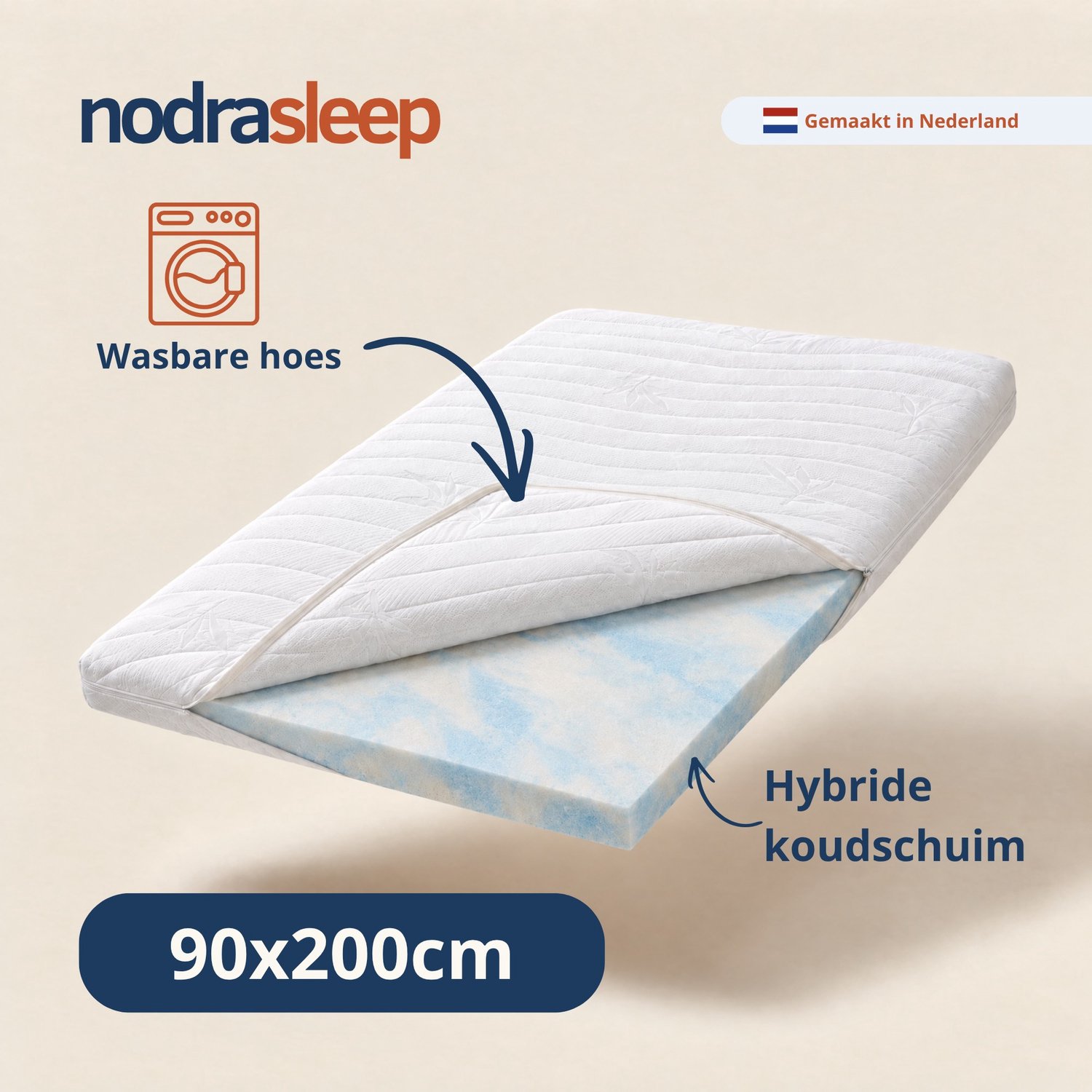 Nodra Sleep Topper 90x200 - Topmatras - Topdekmatras - 7cm dik - Hybride schuim - Afritsbaar en wasbaar - Medium hardheid - Matrastopper Wit