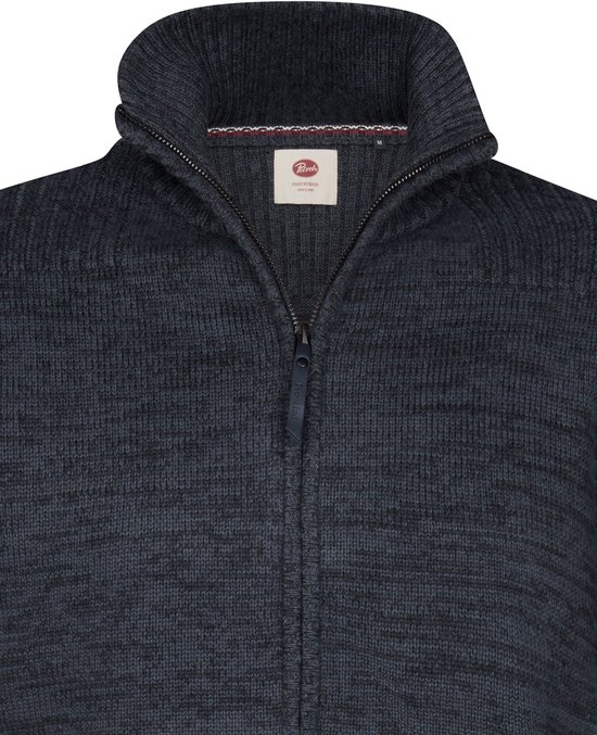 Donkerblauw gemêleerd gebreid vest met rits en Petrol Industries label in de kraag.