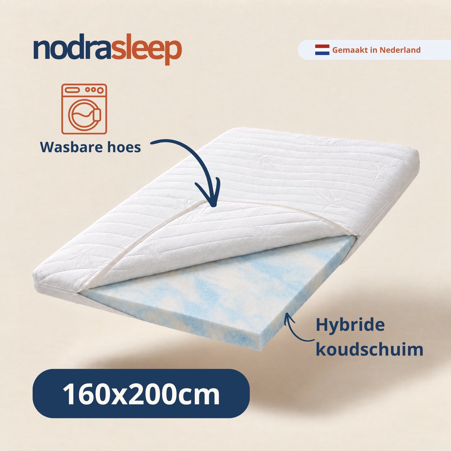 Nodra Sleep Topper 160x200 - Topmatras - Topdekmatras - 9cm dik - Hybride schuim - Afritsbaar en wasbaar - Medium hardheid - Matrastopper Wit