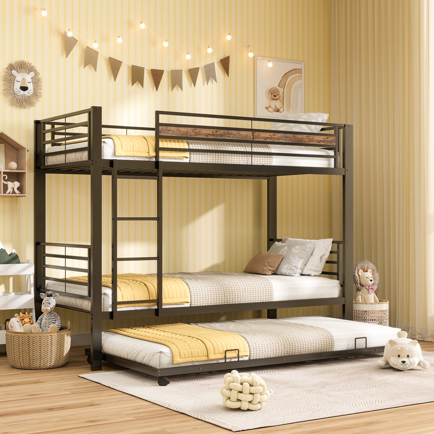 WUVRIE Metalen stapelbed 90x200 cm - Met uitschuifbed, ladder en valbeveiliging - Zwart/vintage