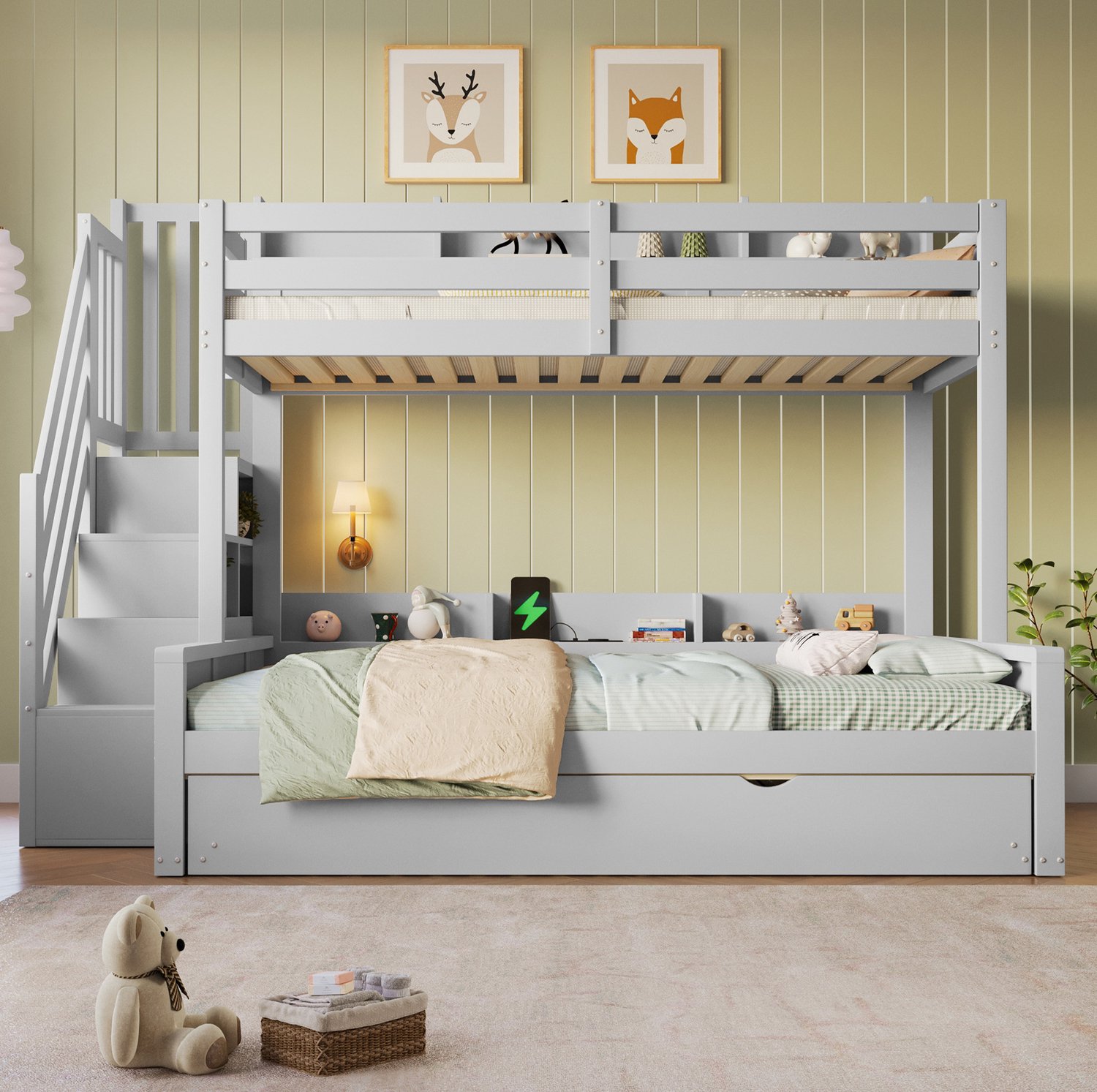 WUVRIE Stapelbed 90x200 en 140x200 cm - Uitschuifbed, trap met opbergruimte en USB - Grijs
