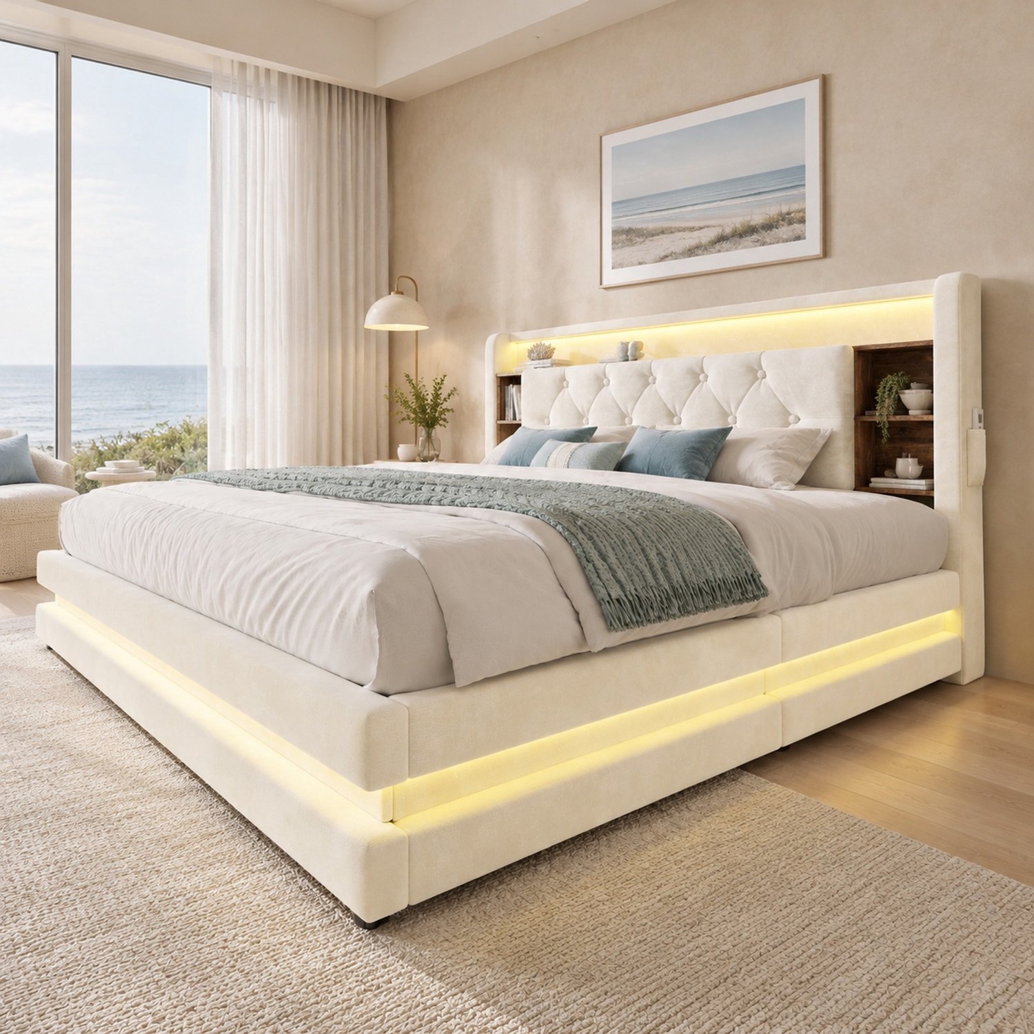 WUVRIE Gestoffeerd bed 160x200 cm - Hydraulische opbergruimte, LED en USB/Type-C - Beige