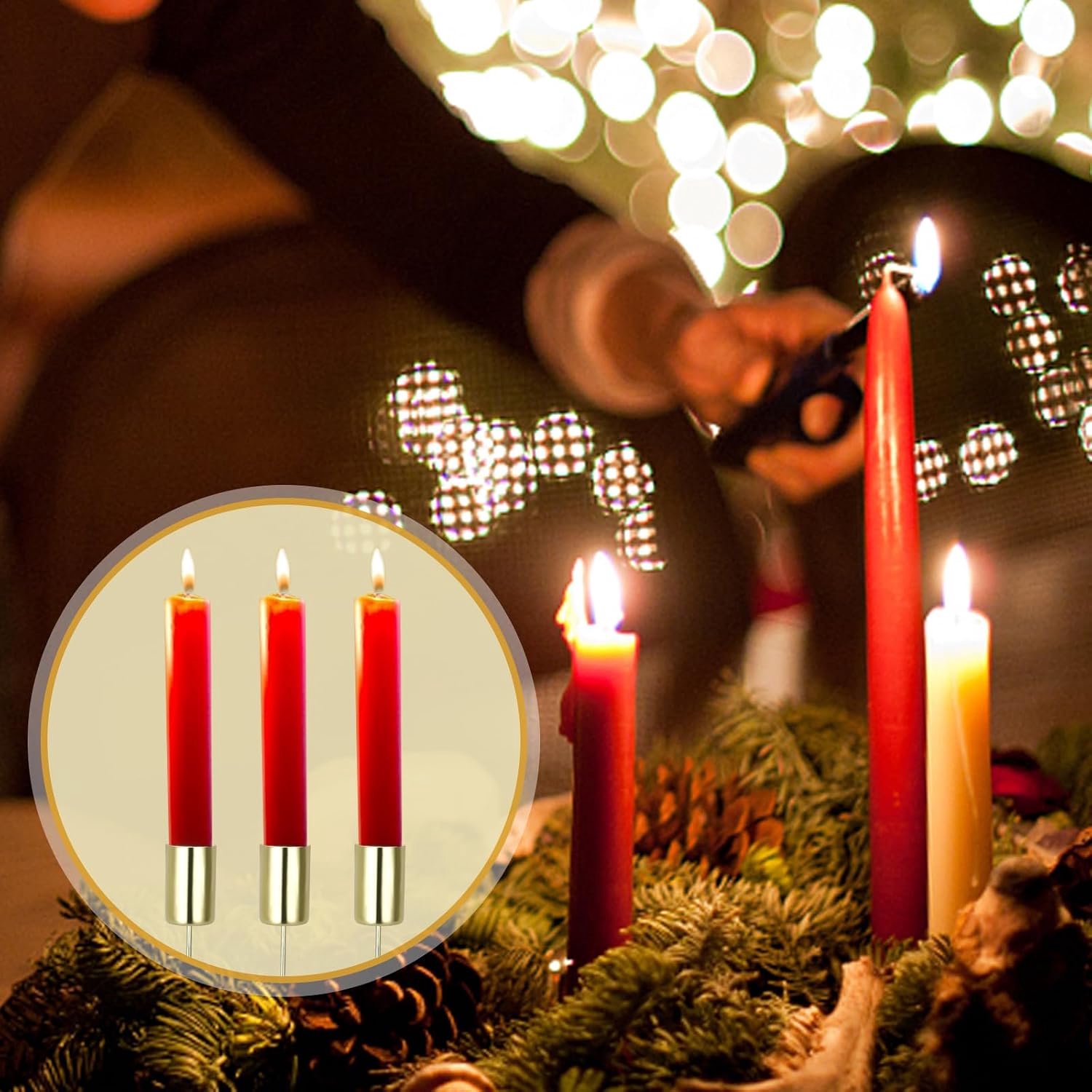 Set van 8 adventskranskaarsenhouders met een diameter van 2,5 cm, metalen taps toelopende kaarsenhouders met pin voor het zelf maken van een adventskrans. Kerstversiering,goud – foto 4