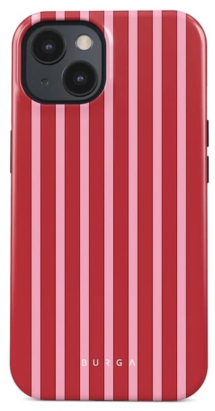 Achterkant van iPhone-hoesje met roze en rode verticale strepen en het Burga-logo onderaan.