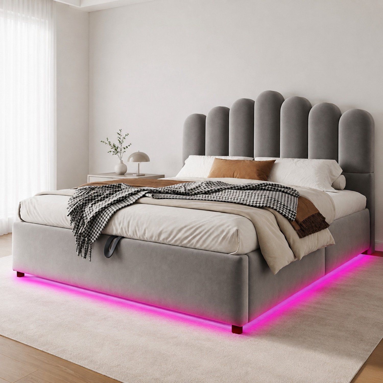 WUVRIE Gestoffeerd bed 140x200 cm - Hydraulische opbergruimte en LED-verlichting - Grijs