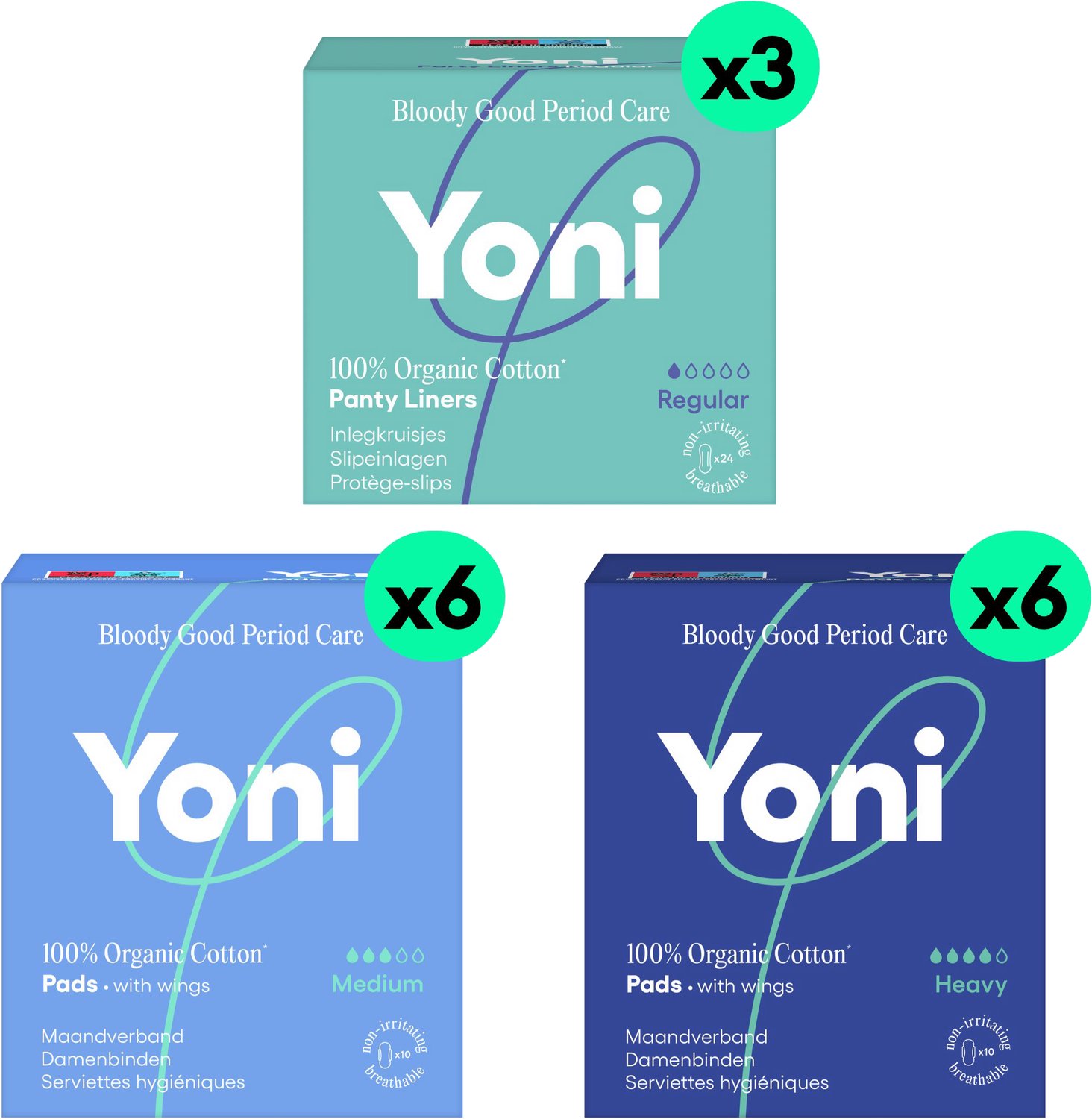 Bol.com Yoni Voordeelverpakking - 72x Inlegkruisjes Regular - 60x Maandverband Medium & Heavy - Biologisch Katoen aanbieding