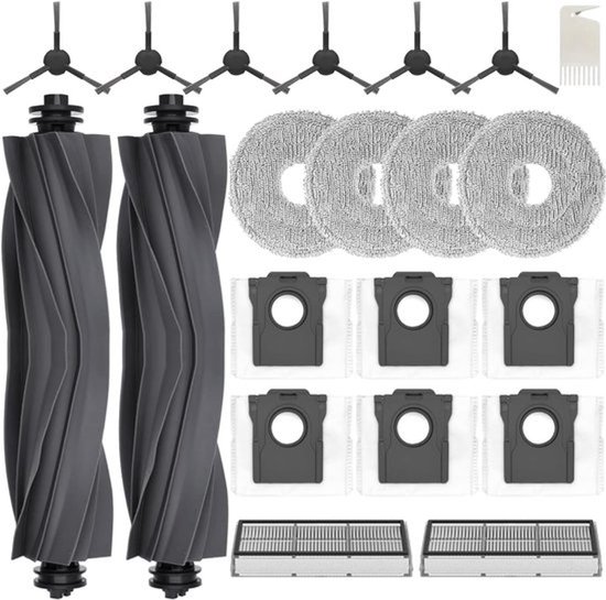 Accessoirekit met 2 rubberen borstels, dweildoeken, stofzakken, zijborstels en filters voor robotstofzuigers.