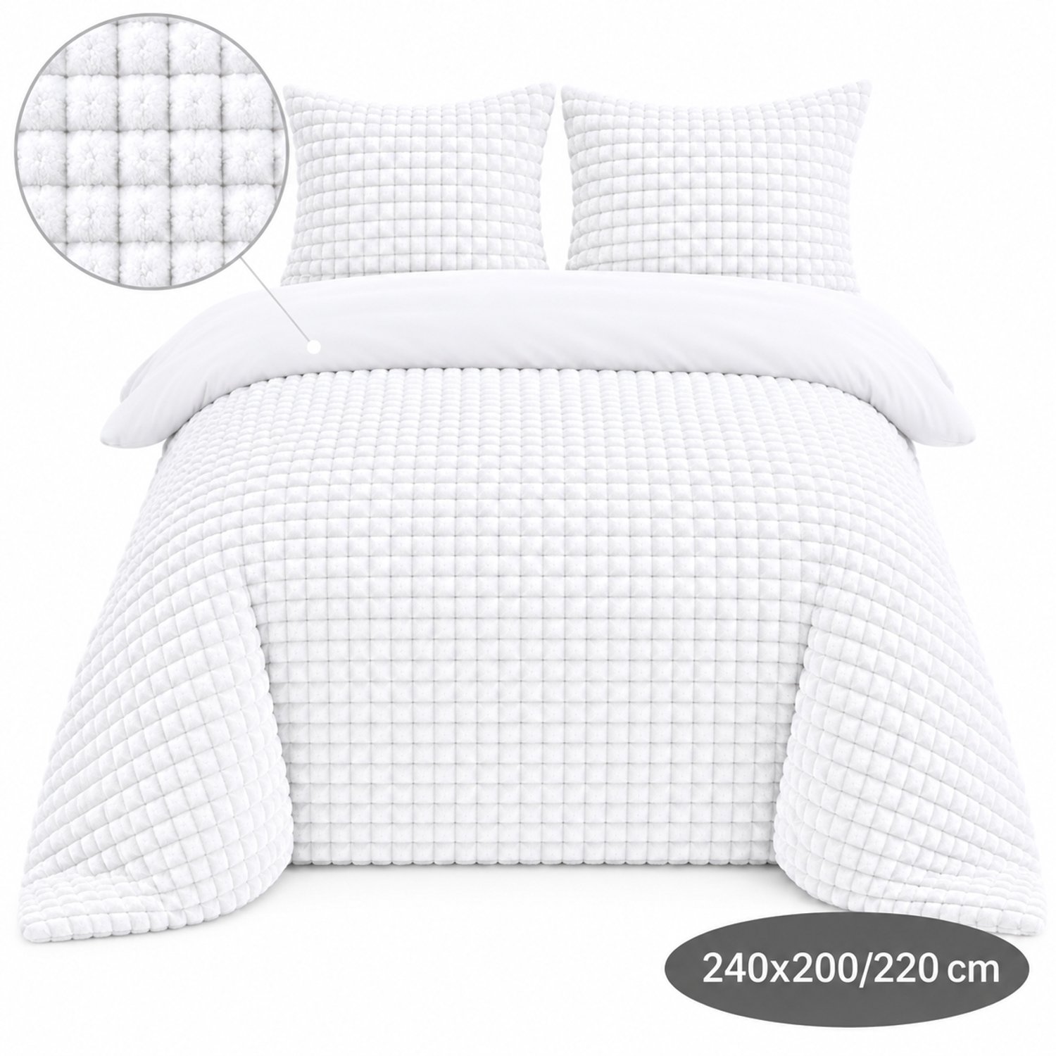 Roden Blue - Popcorn fleece dekbedovertrek set - 240x200/220 cm - Wit - Zacht - Anti-allergeen - Wasbaar