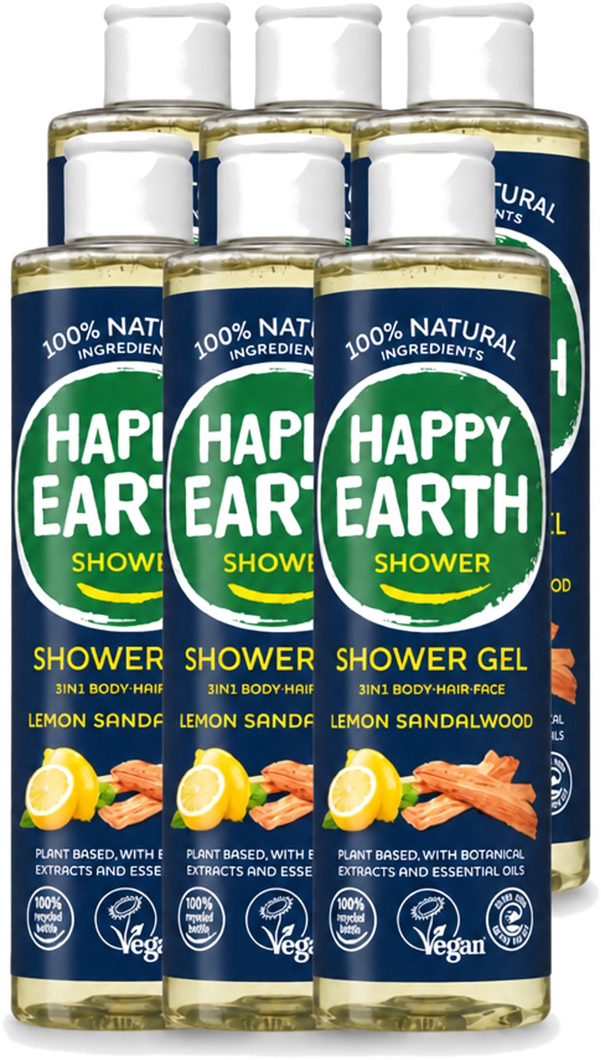 6 x Happy Earth – Douchegel – 100% Natuurlijke Douchegel Lemon Sandalwood – 300 ml - Voordeelverpakking - 6 stuks