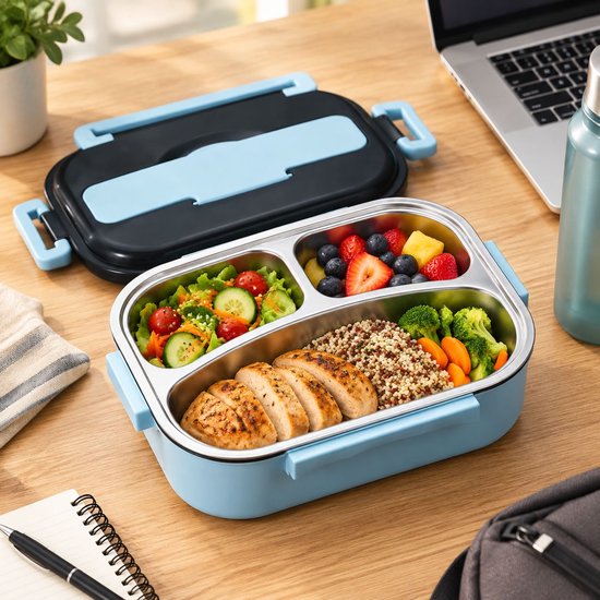 Thermische Lunchbox - 1 L - 23×17cm - Met 3 RVS Vakken - Geïsoleerde Voedselcontainer - Lekvrije Bento Box - Voor Kantoor,School en Onderweg - Blauw — cadeau in Koken & Dineren - foto 7