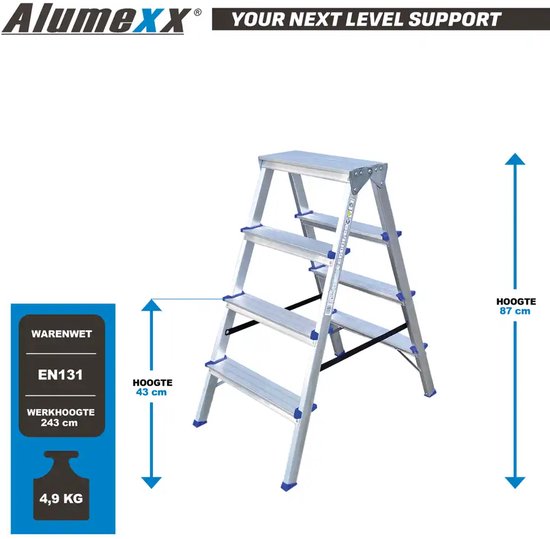 Alumexx dubbele trap met 4 treden, 87 cm hoog, 243 cm werkhoogte en 4,9 kg gewicht.