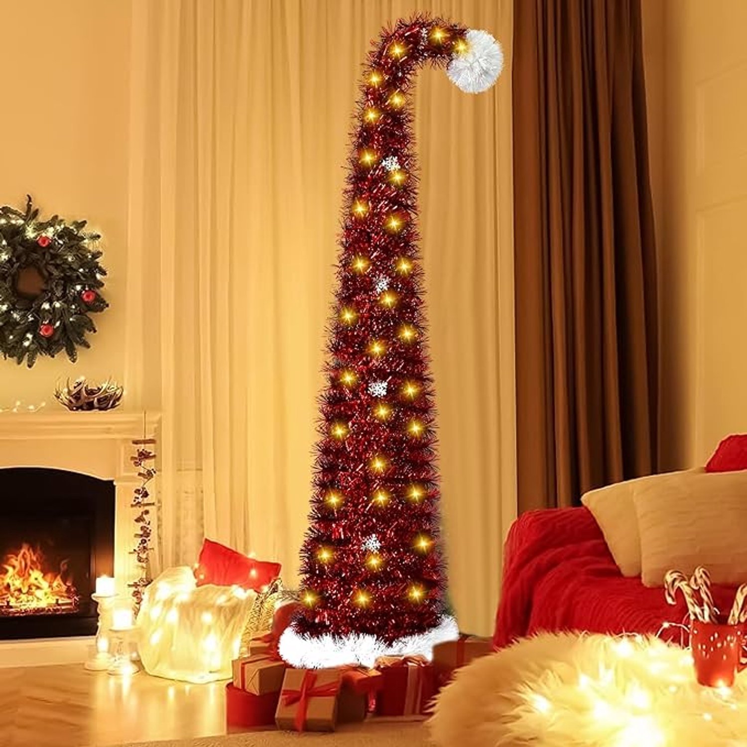 MSBHandel Opvouwbare Kunstkerstboom 150 cm met Verlichting - Pop-up Smalle Kerstboom met 50 LED's en Sterpunt PVC Lametta Potloodkerstboom Kerstdecoratie voor Thuis en Kantoor Rood – foto 7