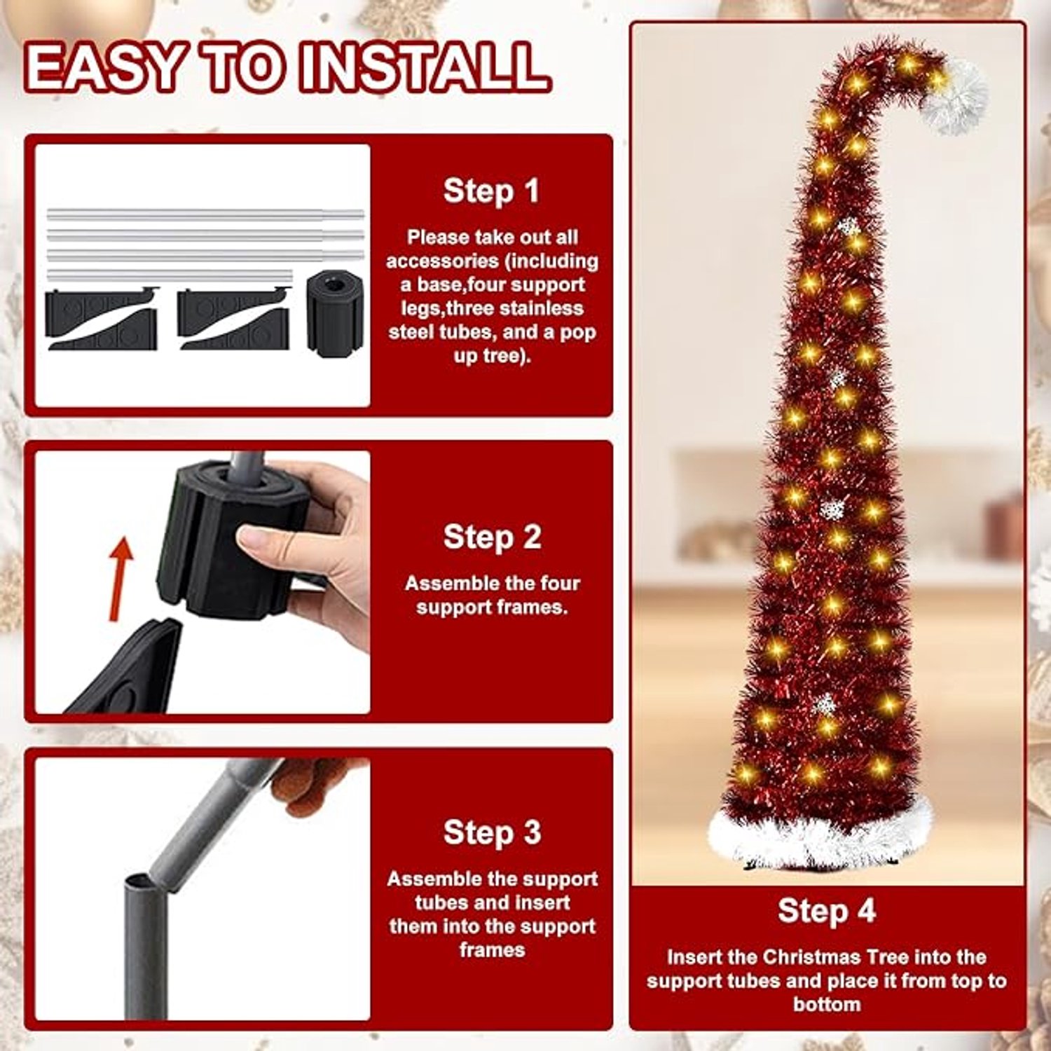 MSBHandel Opvouwbare Kunstkerstboom 150 cm met Verlichting - Pop-up Smalle Kerstboom met 50 LED's en Sterpunt PVC Lametta Potloodkerstboom Kerstdecoratie voor Thuis en Kantoor Rood – foto 5