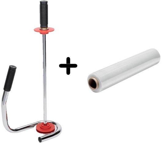Zilverkleurige wikkelfolie dispenser met een rol folie.