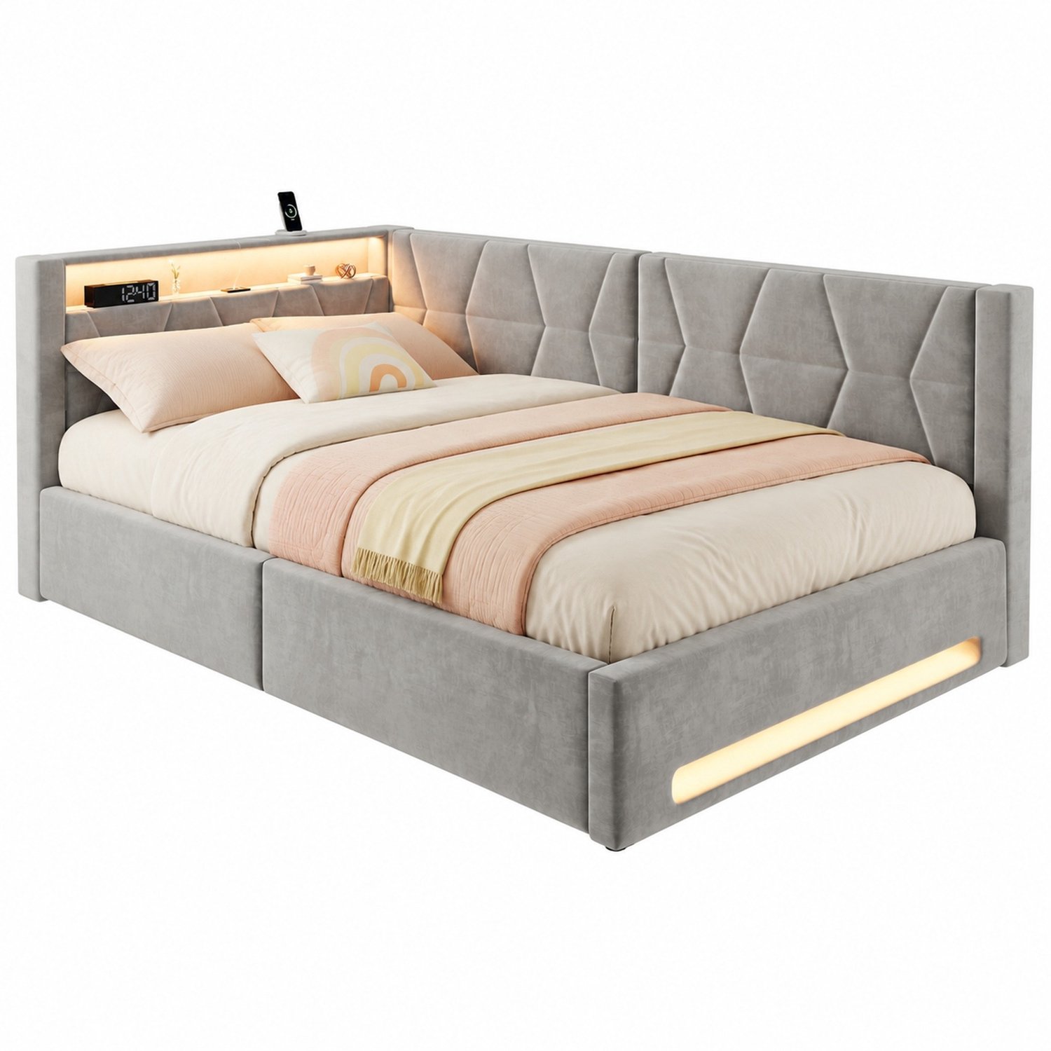 WUVRIE Gestoffeerd bed 140x200 cm - Hydraulische opbergruimte en lattenbodem - LED en USB - Donkergrijs