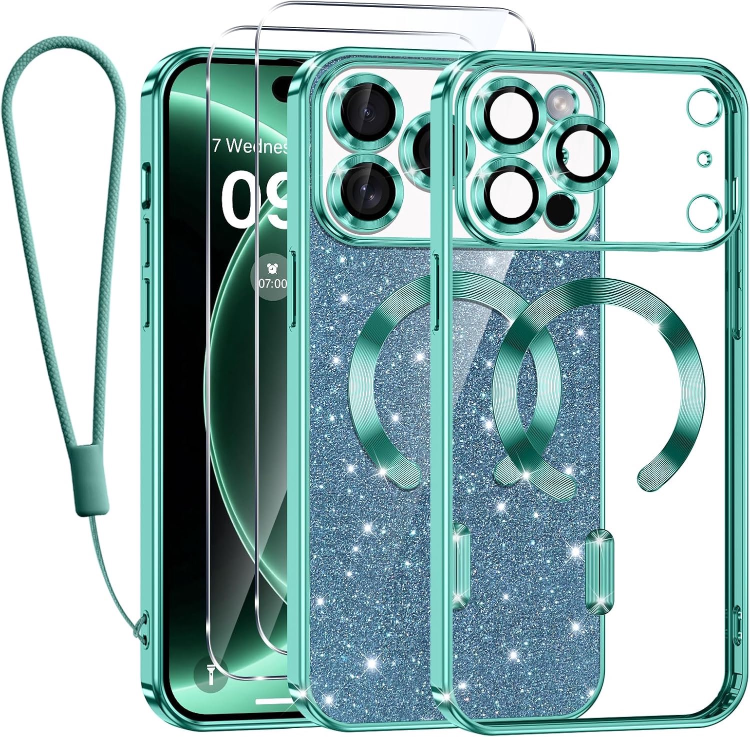 Zandarix Hoesje Geschikt voor Apple iPhone 18 Pro - Back Cover Hoesje - Geschikt voor Mag - Glanzend Glitter - 2x Screenprotector - Groen