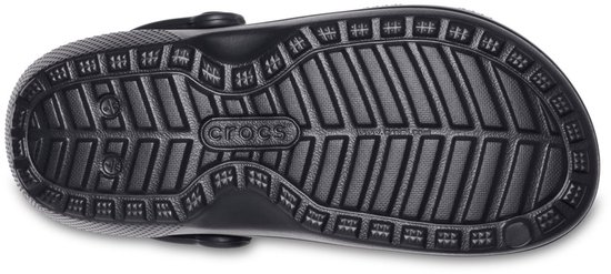 Zwarte Crocs buitenzool met reliëfprofiel en het Crocs-logo in het midden.