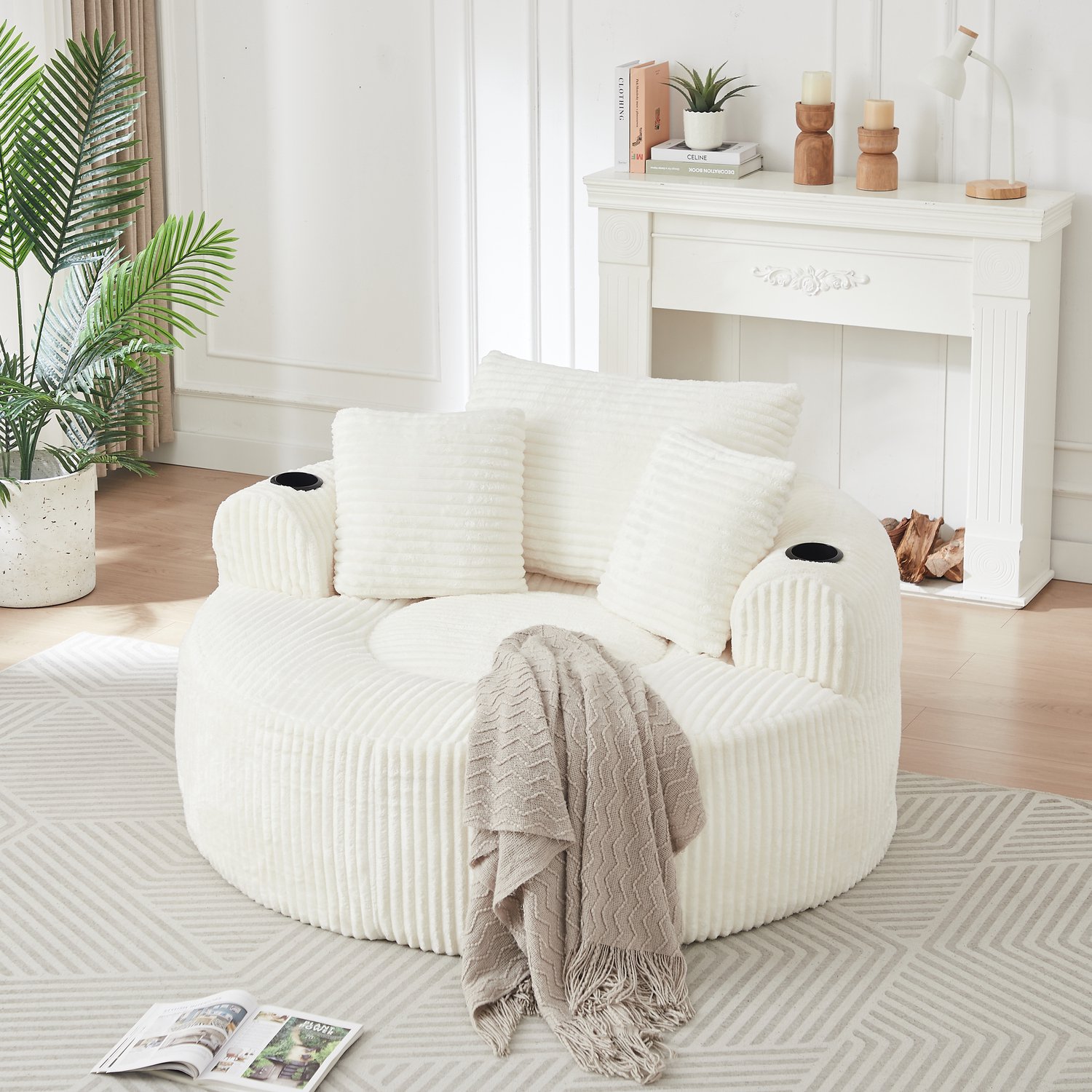MIVRAY Fauteuil 142 x 142 cm - Ronde Loungestoel Met 3 Kussens En 2 Bekerhouders - Voor Woonkamer En Slaapkamer - Ribfluweel Beige