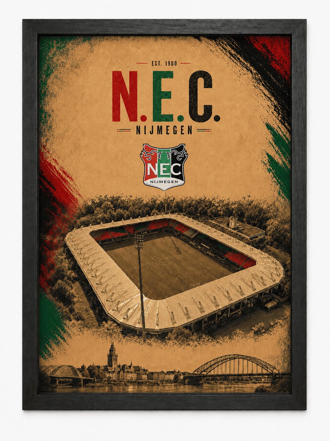 Joshimo N.E.C. Nijmegen Poster | Goffertstadion en Skyline Nijmegen | Inclusief Zwarte A3 Lijst | Wanddecoratie