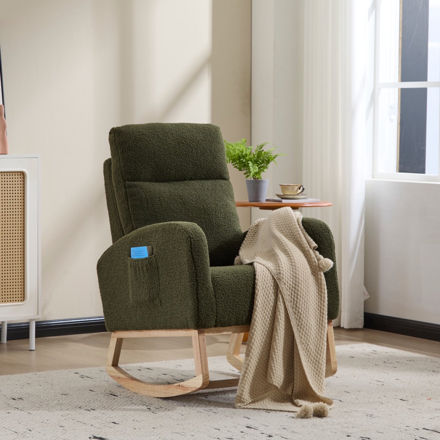 MIVRAY Schommelstoel 75 x 63 x 104 Cm - Ergonomische Hoge Rugleuning En Zijvak - Voor Voeden En Ontspannen - Teddy Stof Groen