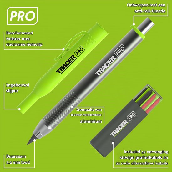 robuust aluminium bouwpotlood, 5,2 mm lood, 6 vervangende kabels en locatieholster - heavy-duty markeringsset — afbeelding 2
